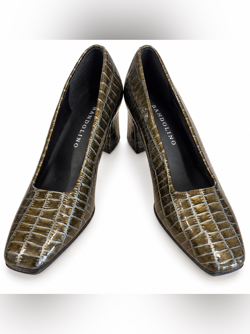 Vintage Bandolino Gisele Metallic Olive Croc Embossed Leather Square Toe Heel